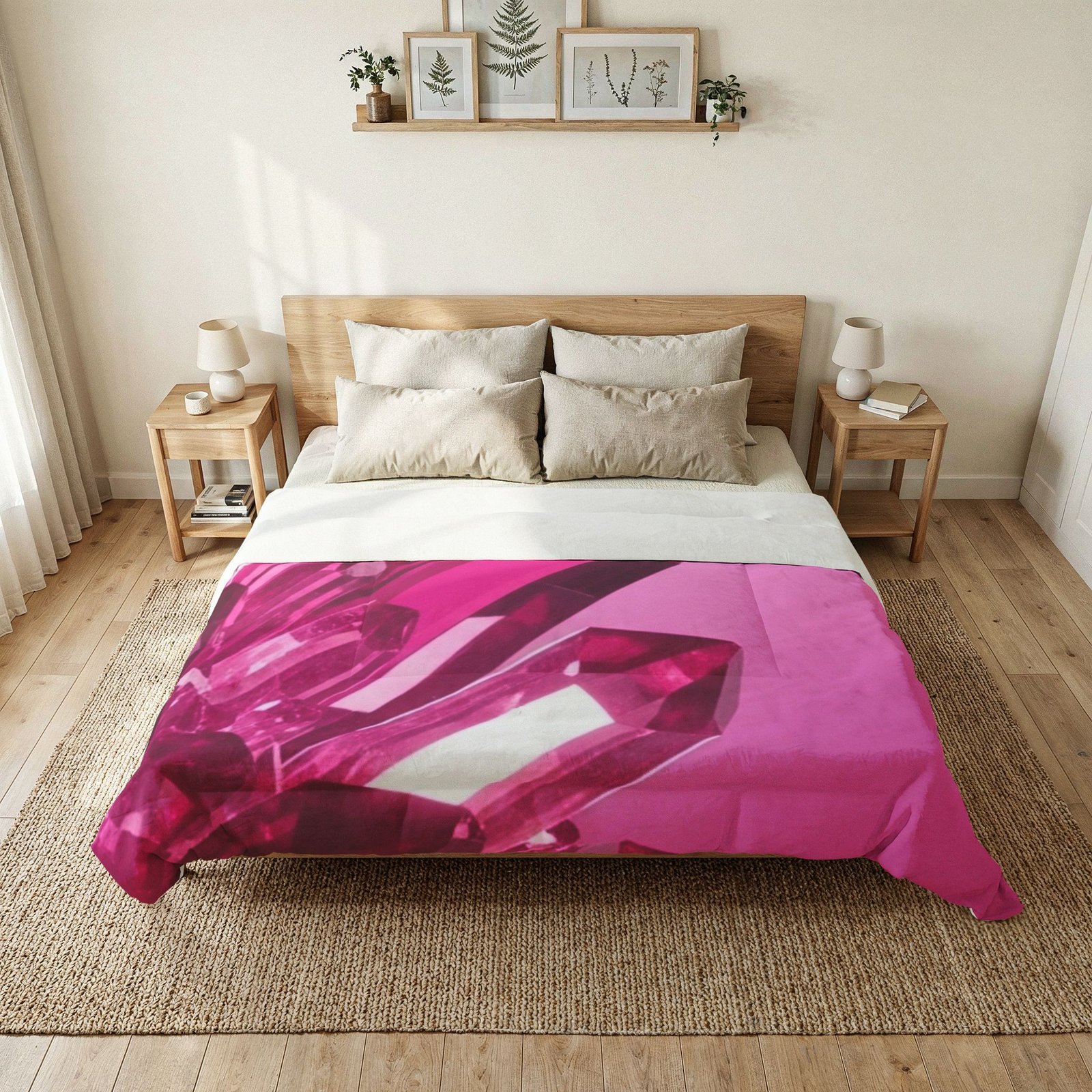 Pink Crystal Cotton Comforter featuring a vibrant faceted pink gemstone print on a bed in a minimalist room.